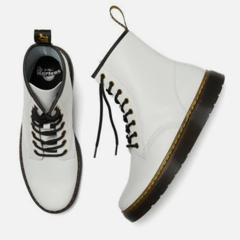 DR.MARTENS WOMENS ZAVALA COMBAT BOOTS- WHITE